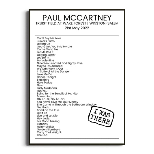 Paul McCartney Winston-Salem 21 May 2022 Setlist Poster