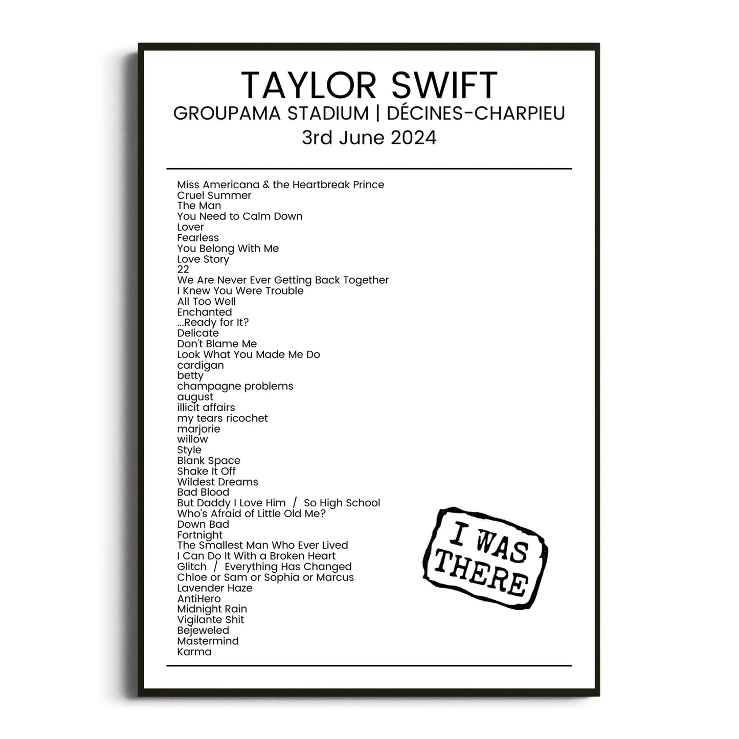 Taylor Swift Décines-Charpieu 03 June 2024 Setlist Poster