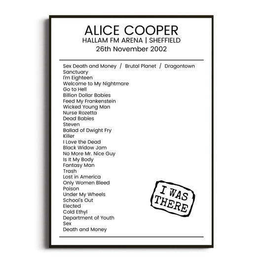 Alice Cooper Sheffield 26 November 2002 Setlist Poster