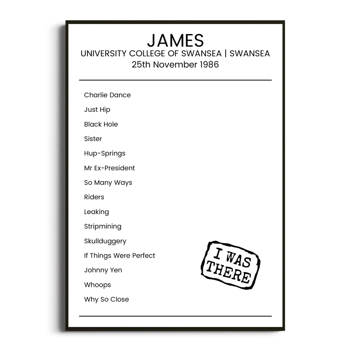 James Swansea 25 November 1986 Setlist Poster