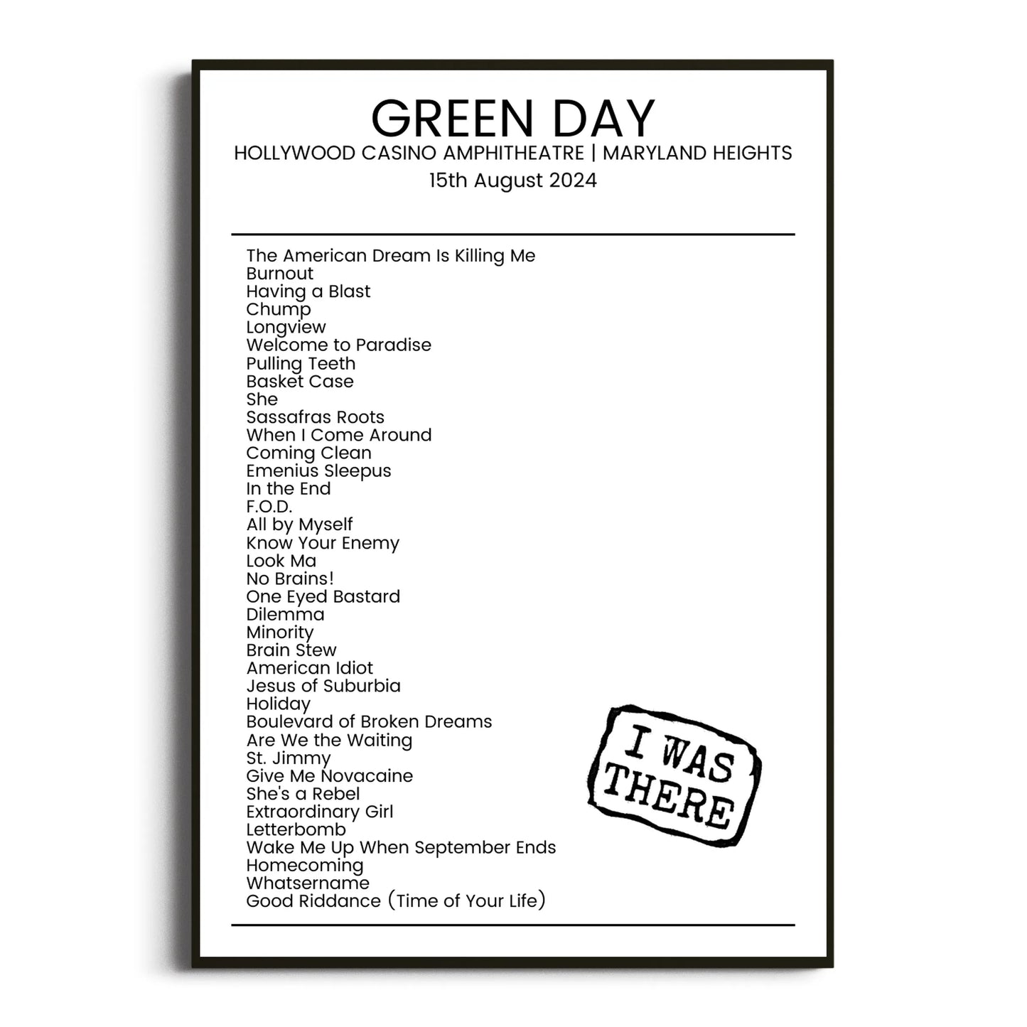 Green Day Maryland Heights 15 August 2024 Setlist Poster