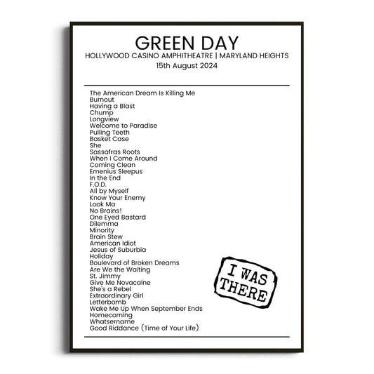 Green Day Maryland Heights 15 August 2024 Setlist Poster