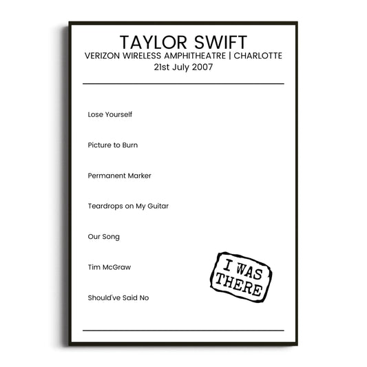 Taylor Swift Charlotte 21 July 2007 Setlist Poster