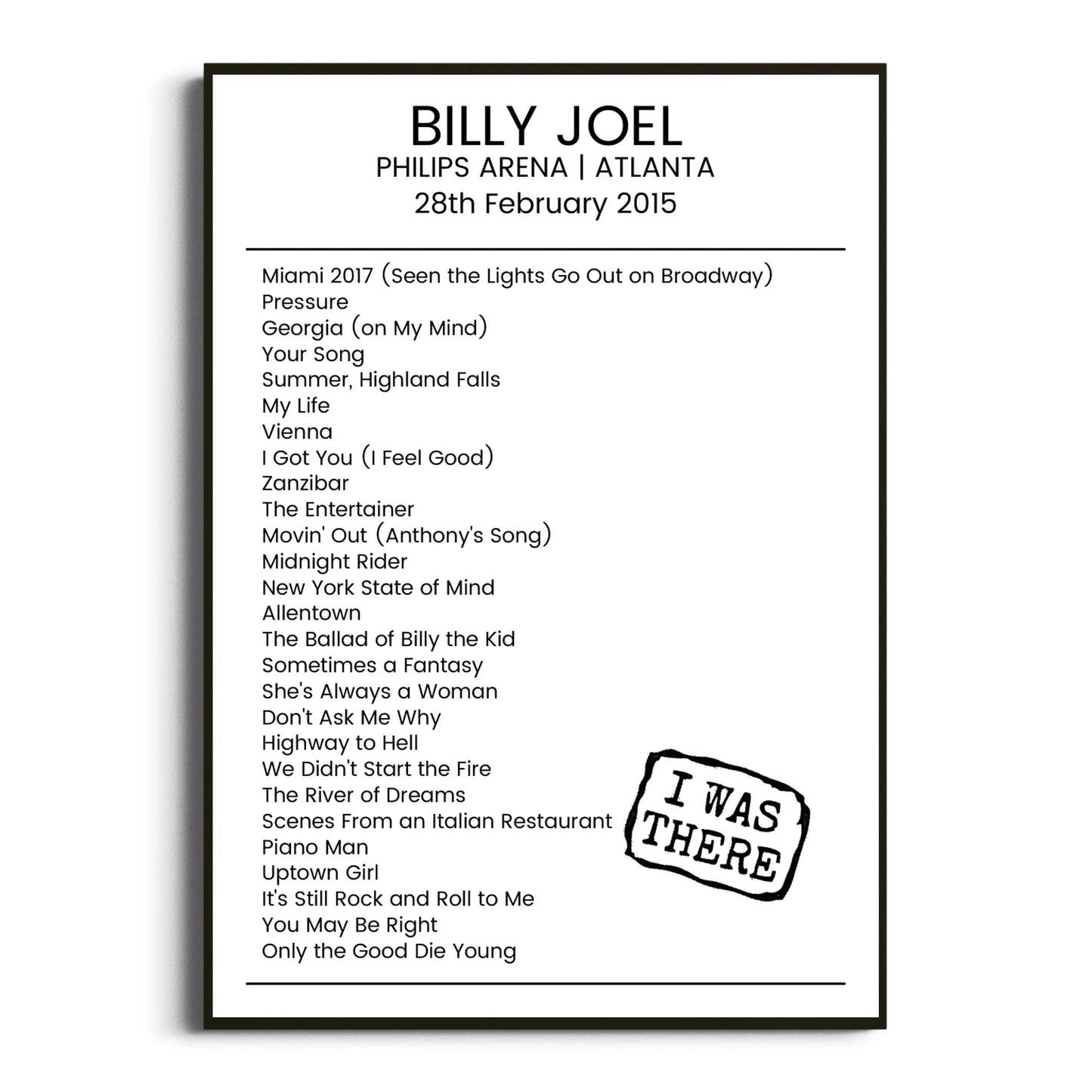 Billy Joel Atlanta 28 February 2015 Setlist Poster