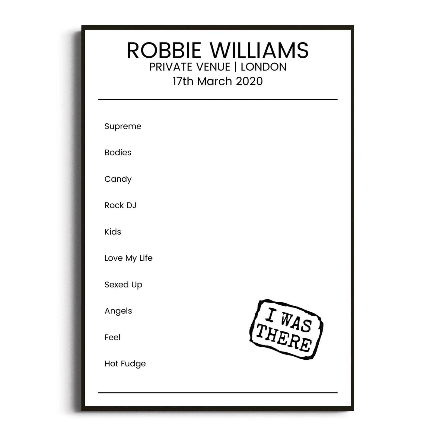 Robbie Williams London 17 March 2020 Setlist Poster