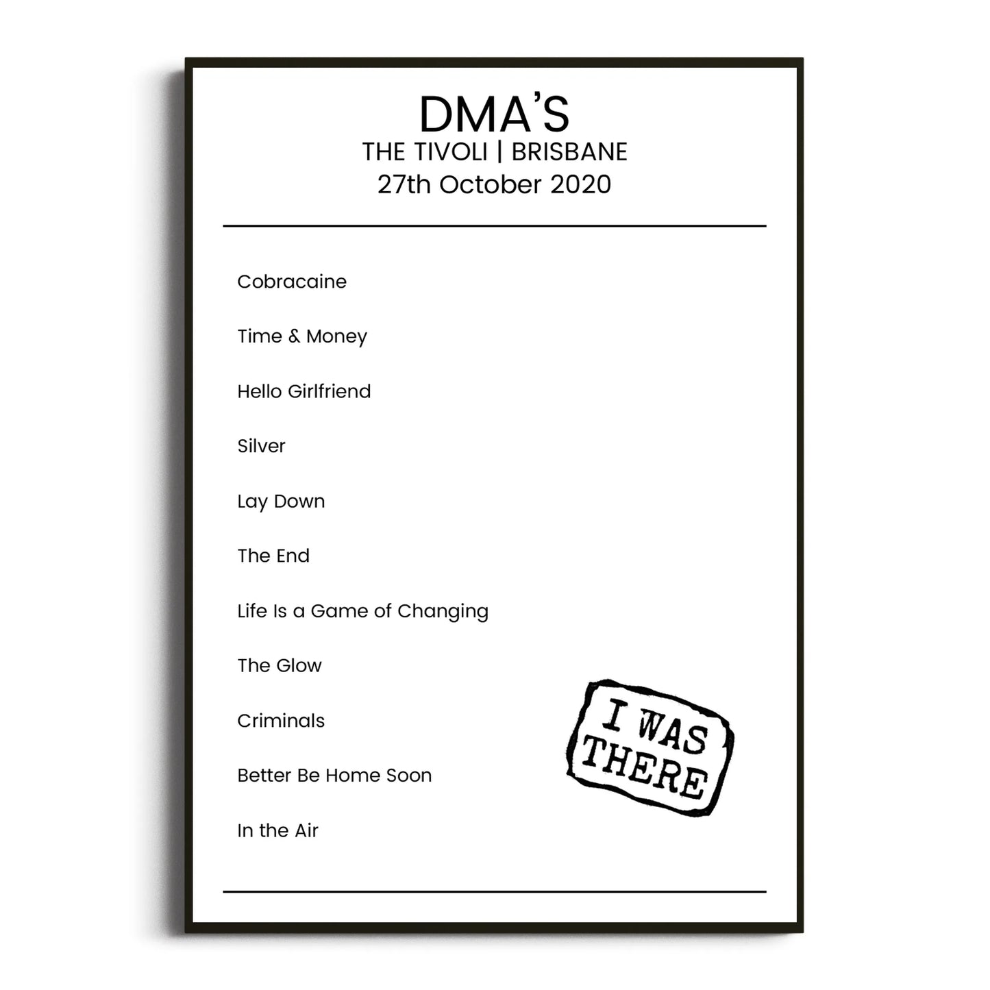 DMA’s Brisbane 27 October 2020 Setlist Poster