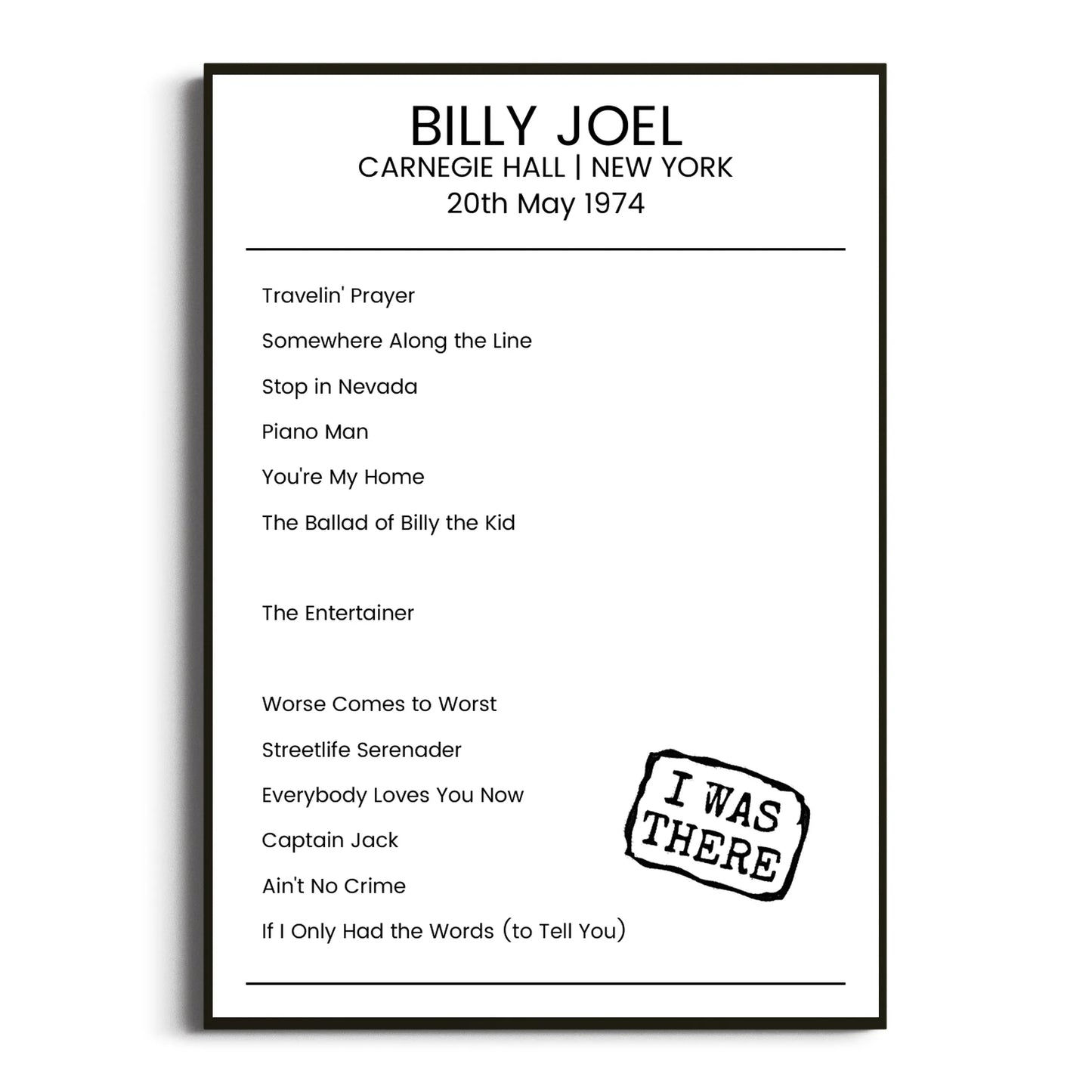 Billy Joel New York 20 May 1974 Setlist Poster