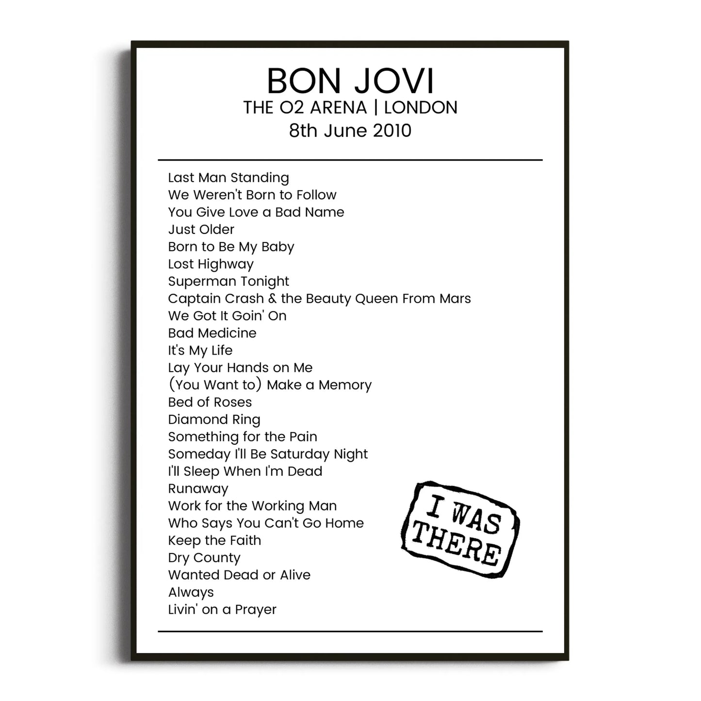 Bon Jovi London 08 June 2010 Setlist Poster