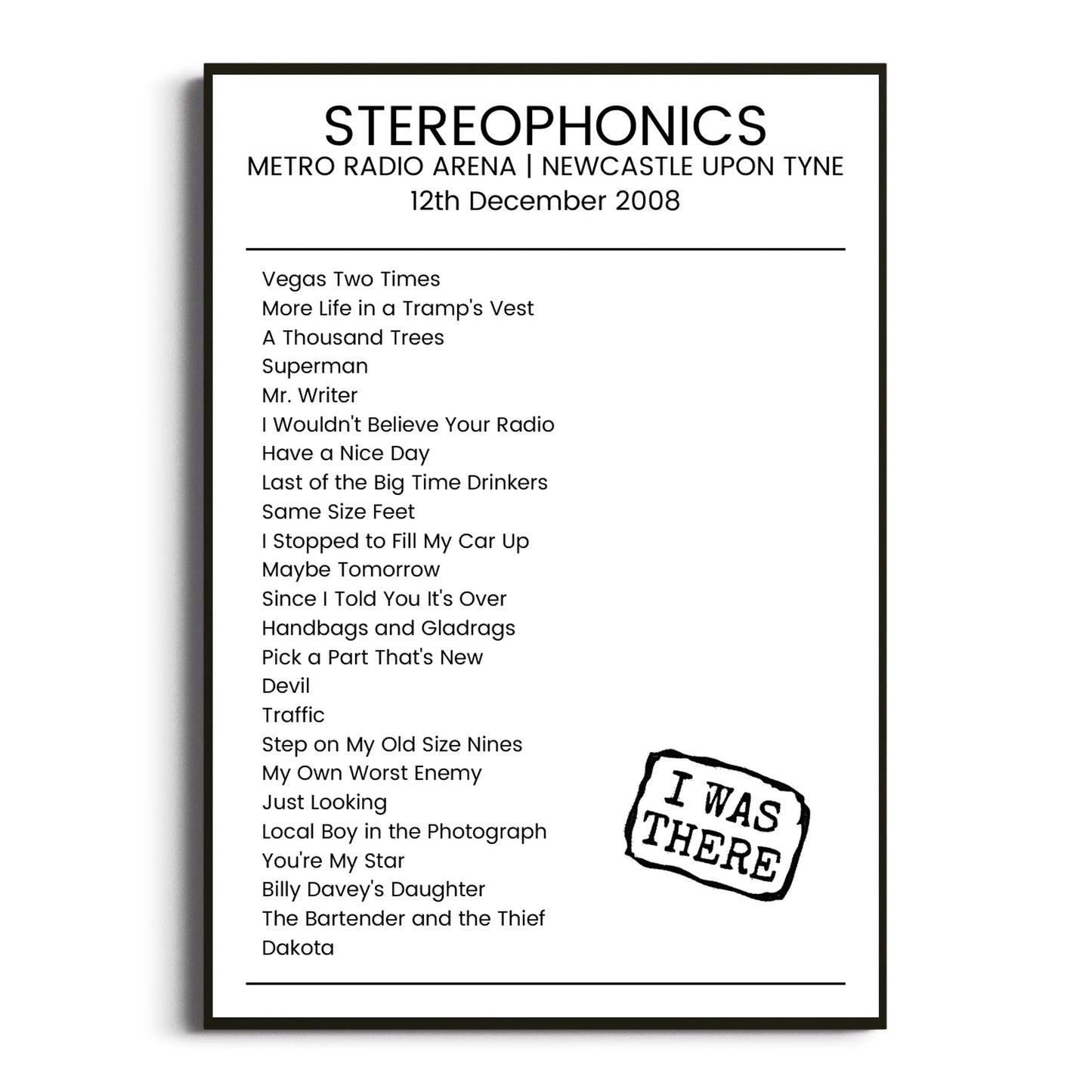 Stereophonics Newcastle upon Tyne 12 December 2008 Setlist Poster