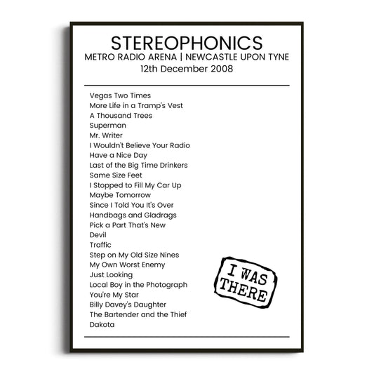 Stereophonics Newcastle upon Tyne 12 December 2008 Setlist Poster