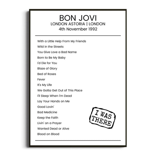 Bon Jovi London 04 November 1992 Setlist Poster