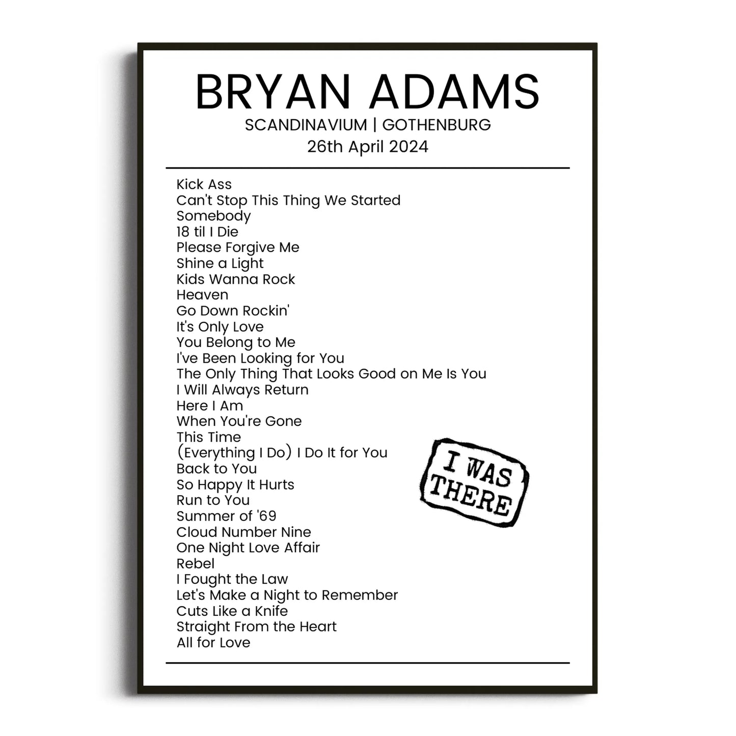 Bryan Adams Gothenburg 26 April 2024 Setlist Poster