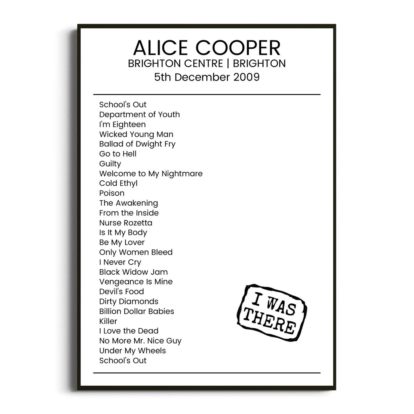 Alice Cooper Brighton 05 December 2009 Setlist Poster