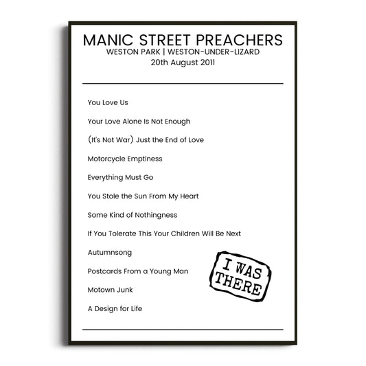 Manic Street Preachers Weston-under-Lizard 20 August 2011 Setlist Poster