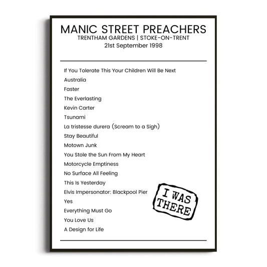 Manic Street Preachers Stoke-on-Trent 21 September 1998 Setlist Poster