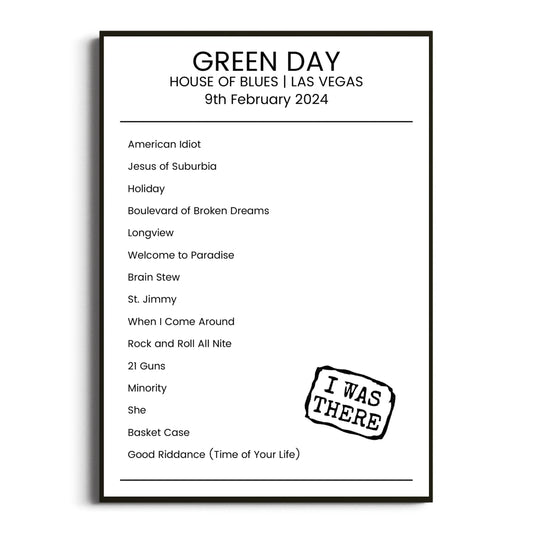 Green Day Las Vegas 09 February 2024 Setlist Poster