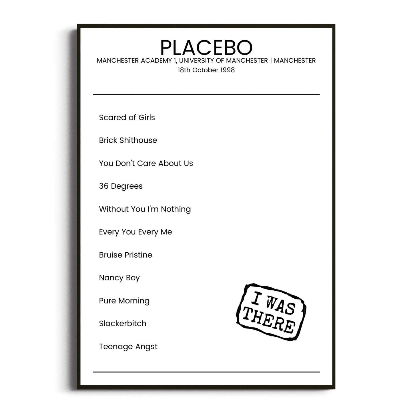 Placebo Manchester 18 October 1998 Setlist Poster