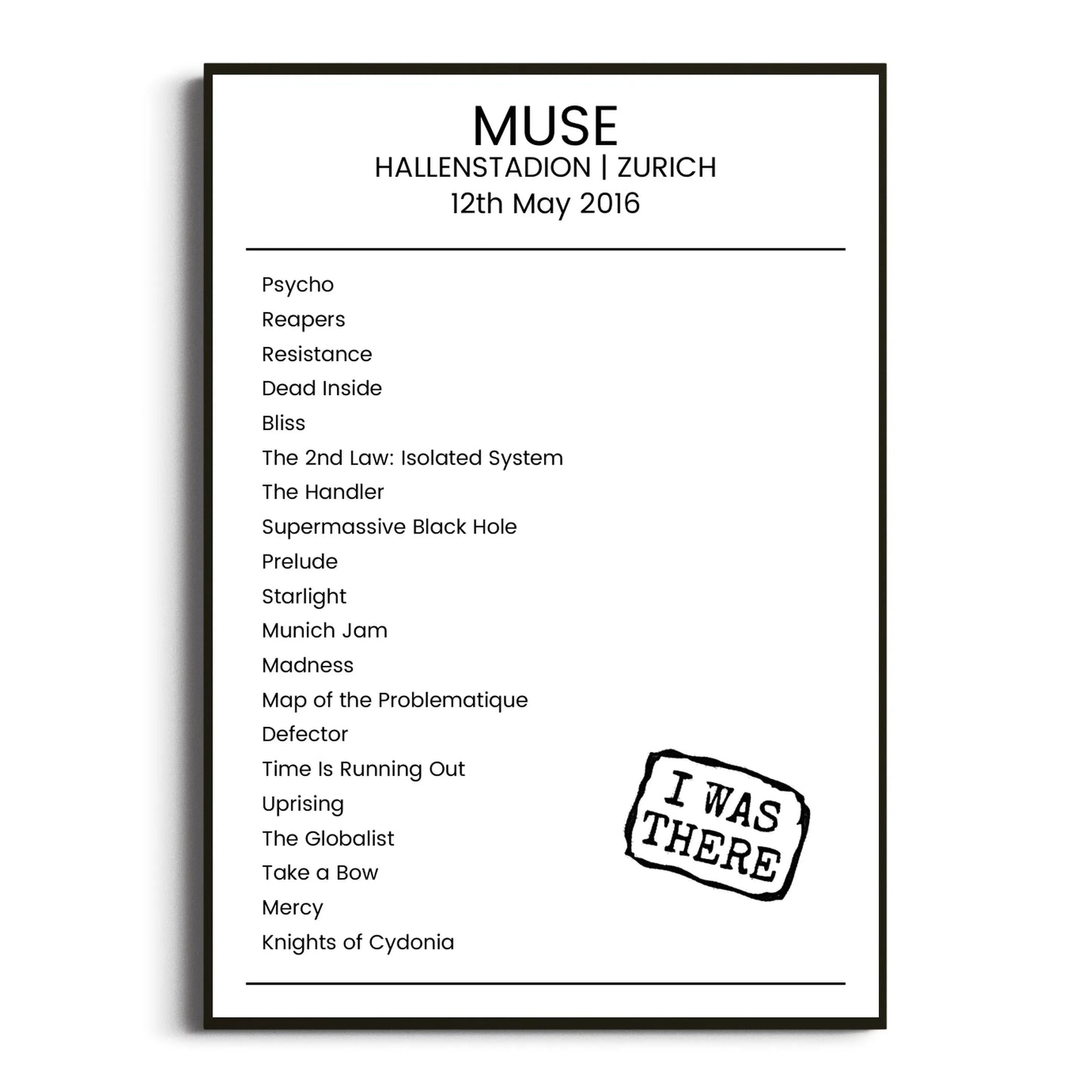 Muse Zurich 12 May 2016 Setlist Poster