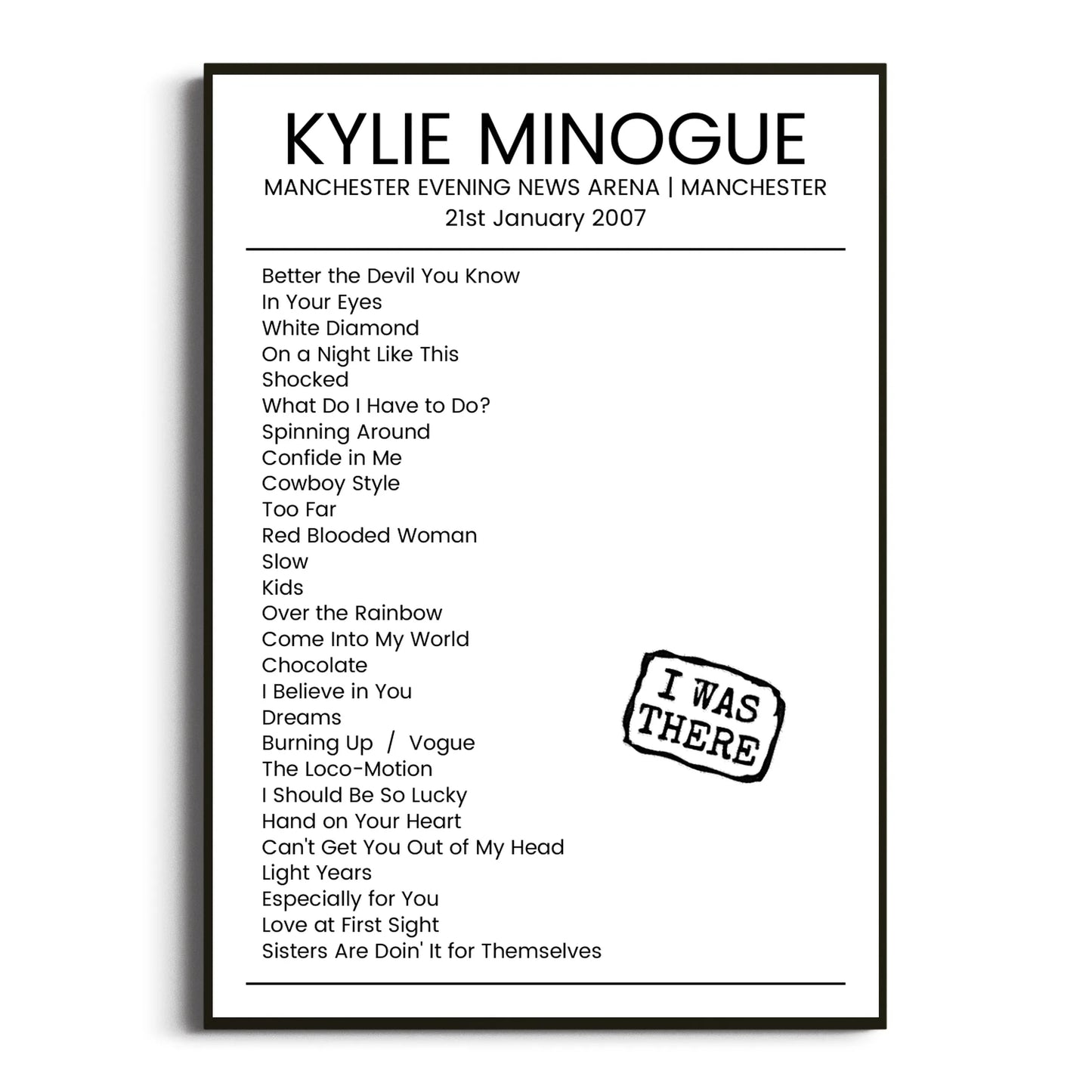 Kylie Minogue Manchester 21 January 2007 Setlist Poster