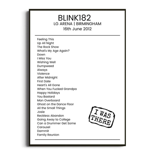 blink‐182 Birmingham 16 June 2012 Setlist Poster