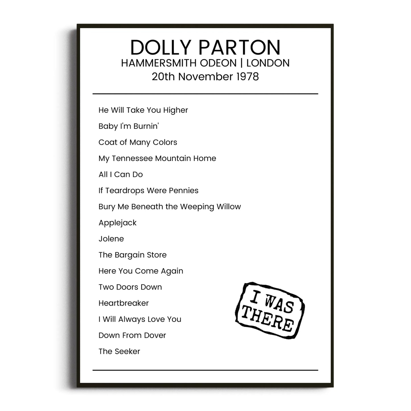 Dolly Parton London 20 November 1978 Setlist Poster