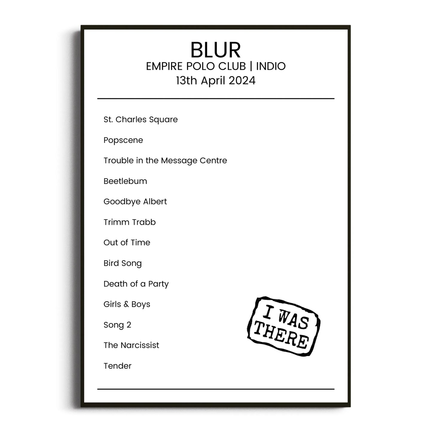 Blur Indio 13 April 2024 Setlist Poster