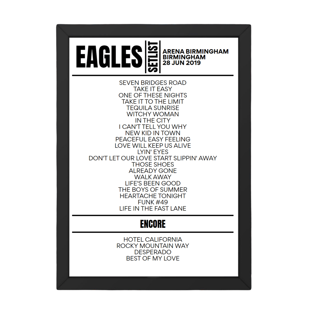 Eagles Birmingham June 28, 2019 Replica Setlist - Setlist