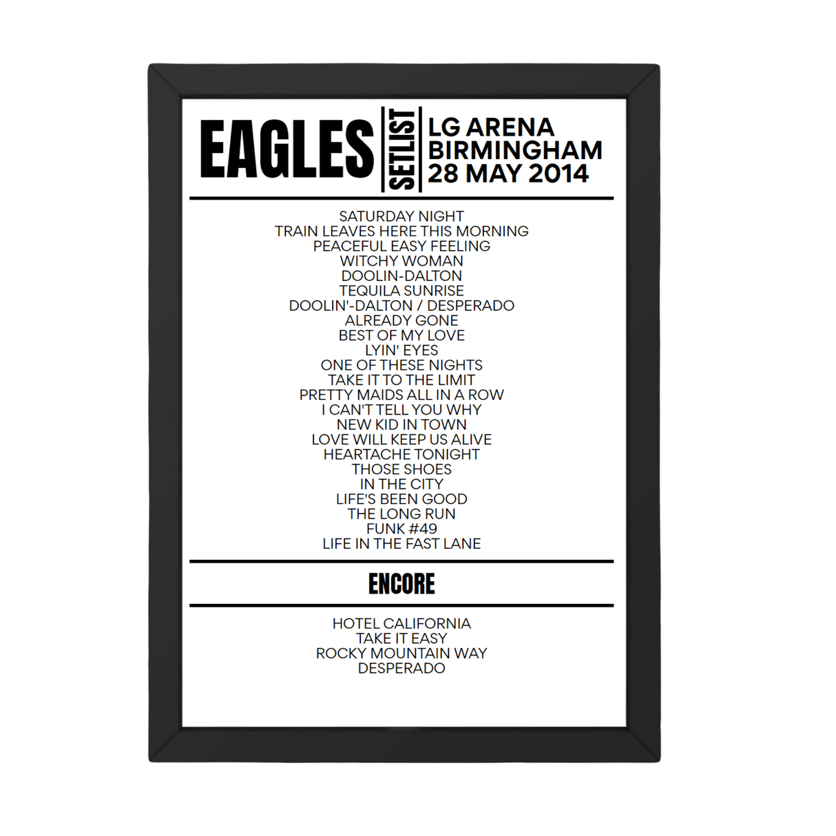 Eagles Birmingham May 28, 2014 Replica Setlist - Setlist