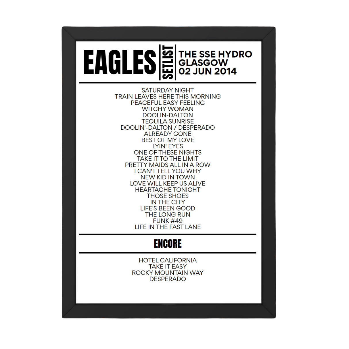 Eagles Glasgow June 2, 2014 Replica Setlist - Setlist