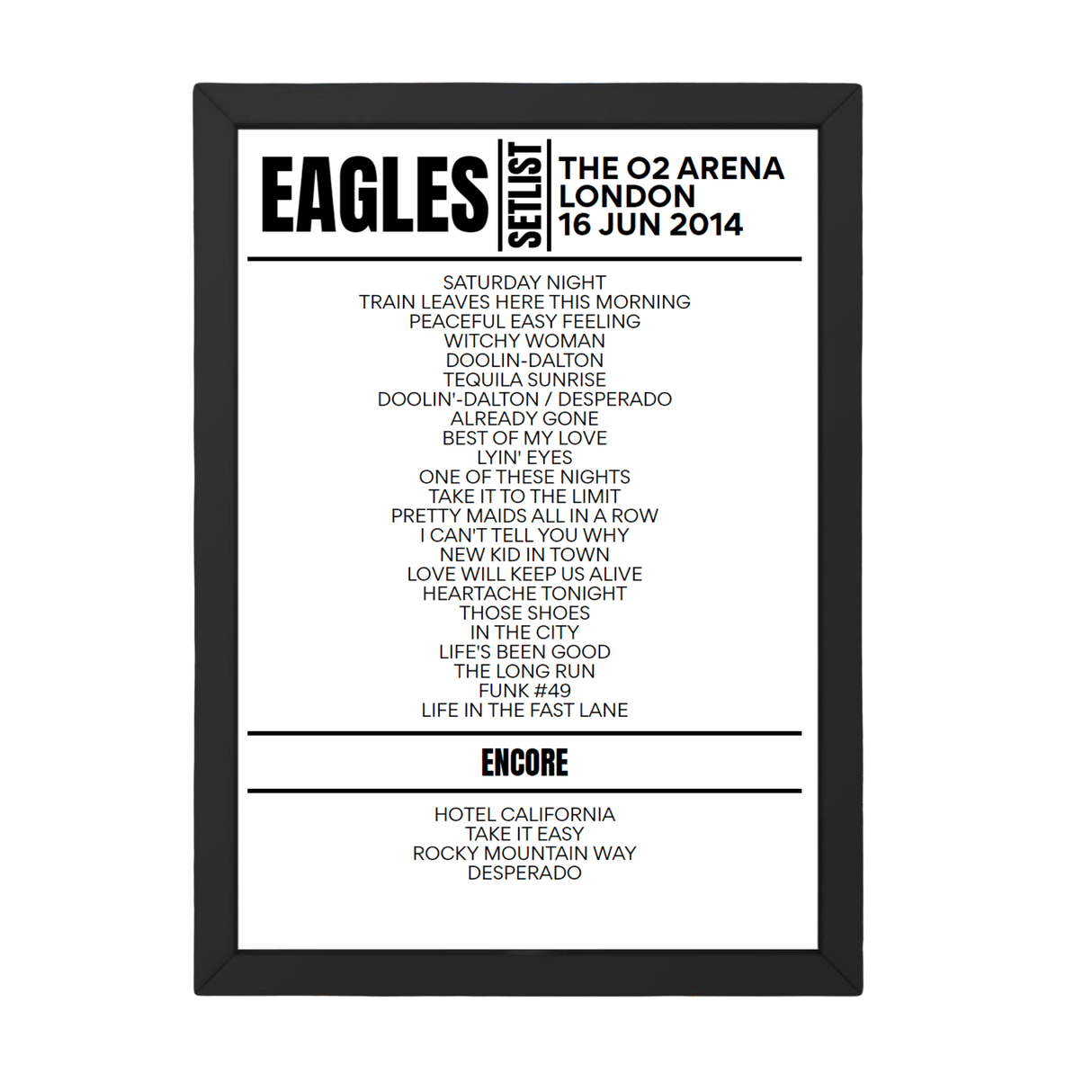 Eagles London June 16, 2014 Replica Setlist - Setlist