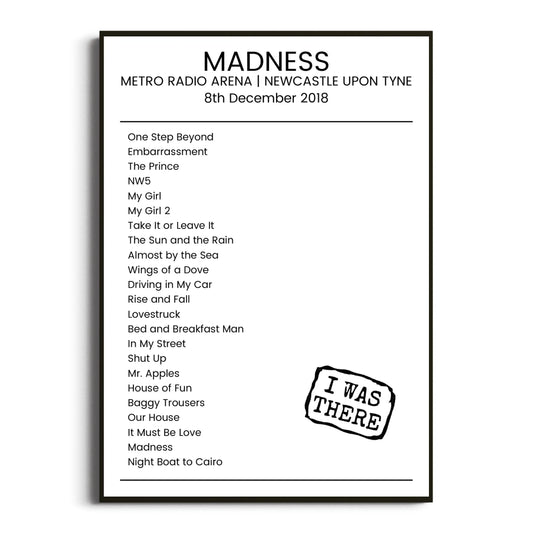 Madness Newcastle upon Tyne 08 December 2018 Setlist Poster