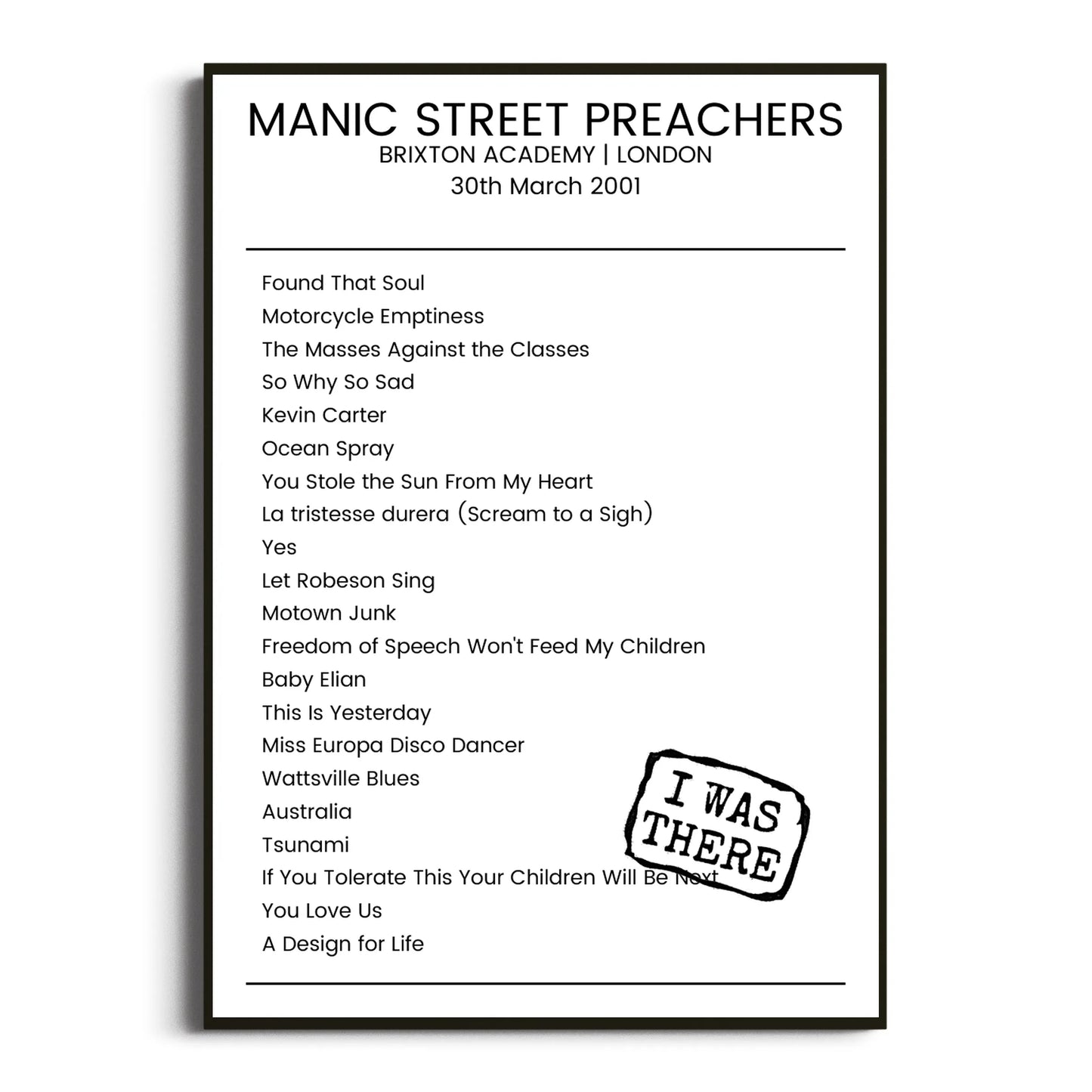 Manic Street Preachers London 30 March 2001 Setlist Poster