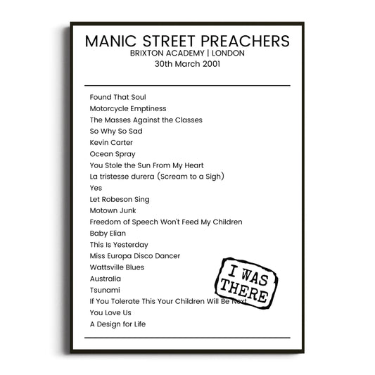 Manic Street Preachers London 30 March 2001 Setlist Poster