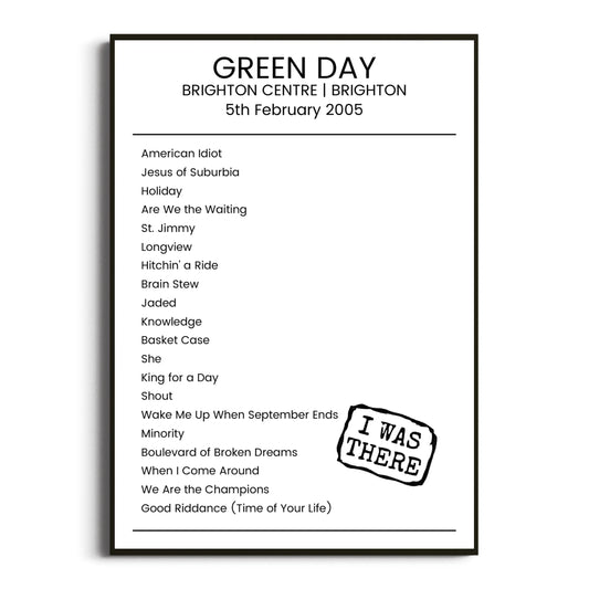 Green Day Brighton 05 February 2005 Setlist Poster