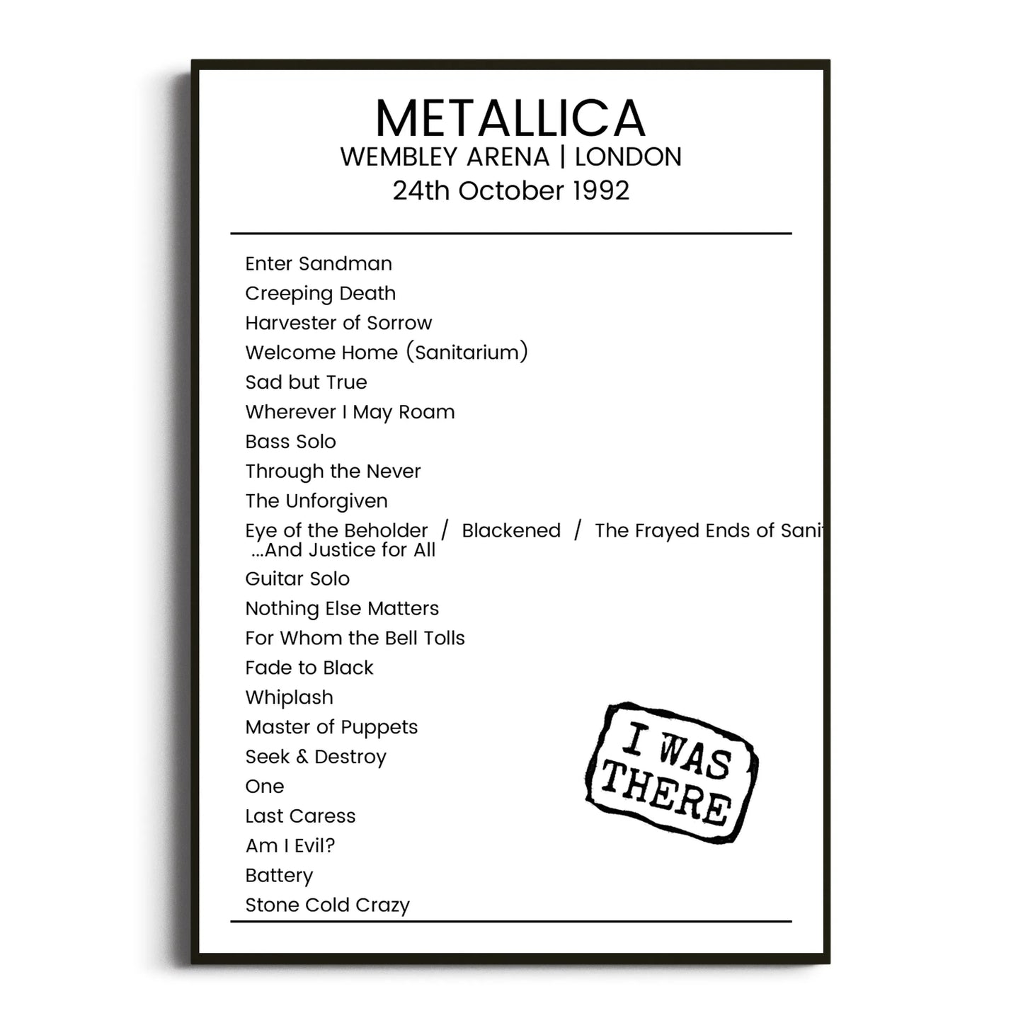 Metallica London 24 October 1992 Setlist Poster