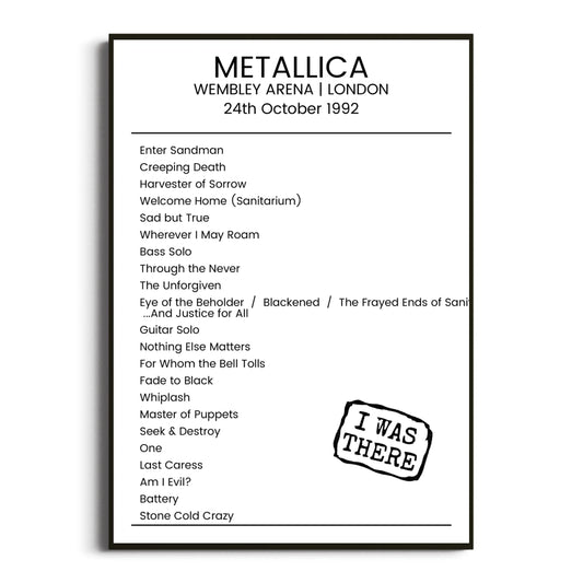 Metallica London 24 October 1992 Setlist Poster