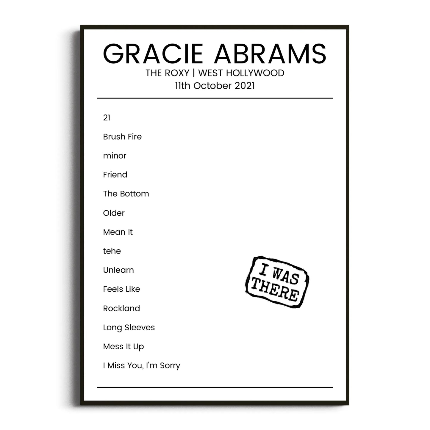 Gracie Abrams West Hollywood 11 October 2021 Setlist Poster