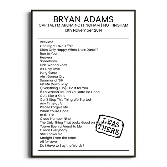 Bryan Adams Nottingham 13 November 2014 Setlist Poster