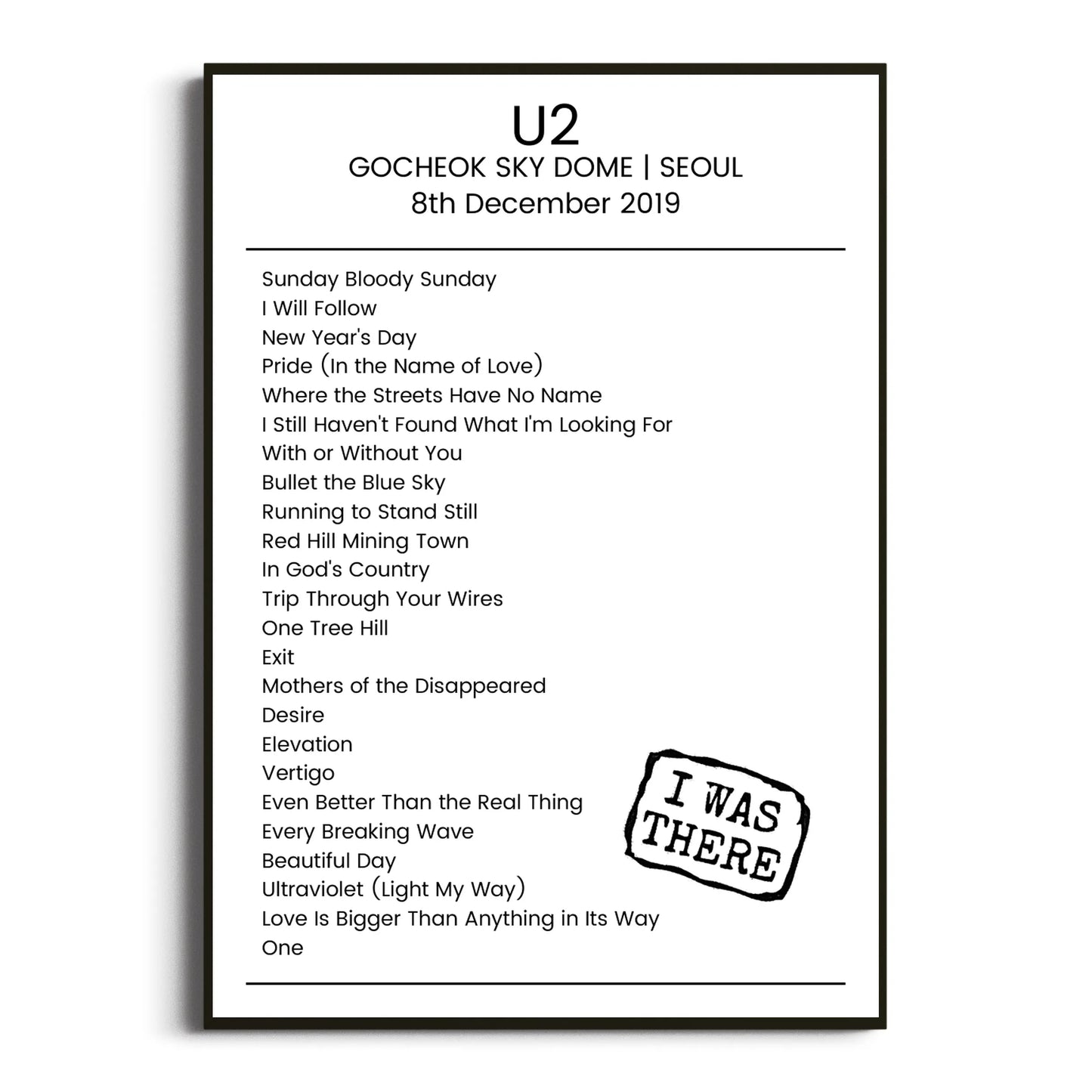 U2 Seoul 08 December 2019 Setlist Poster