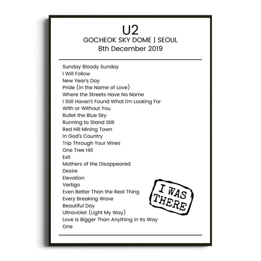 U2 Seoul 08 December 2019 Setlist Poster