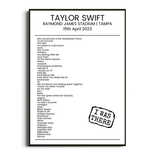 Taylor Swift Tampa 15 April 2023 Setlist Poster