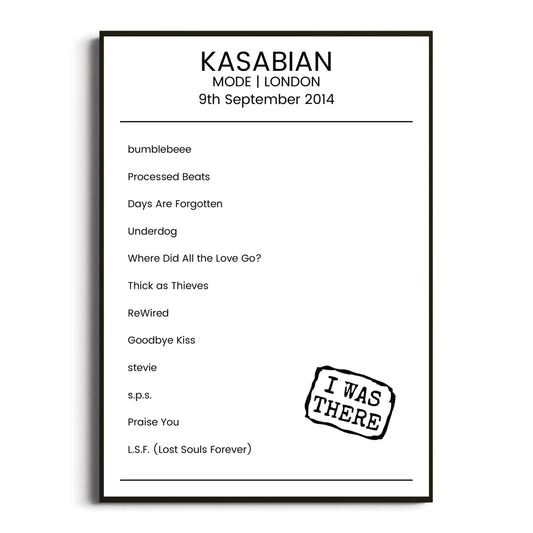 Kasabian London 09 September 2014 Setlist Poster