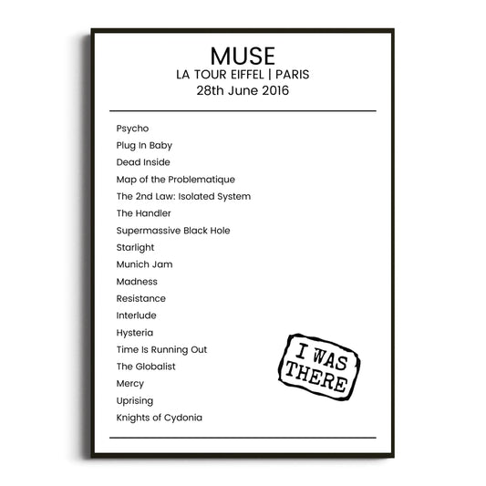 Muse Paris 28 June 2016 Setlist Poster