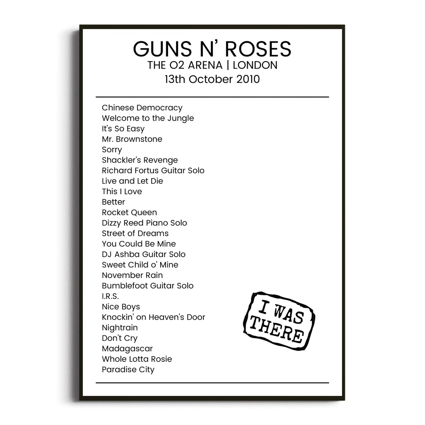 Guns N’ Roses London 13 October 2010 Setlist Poster