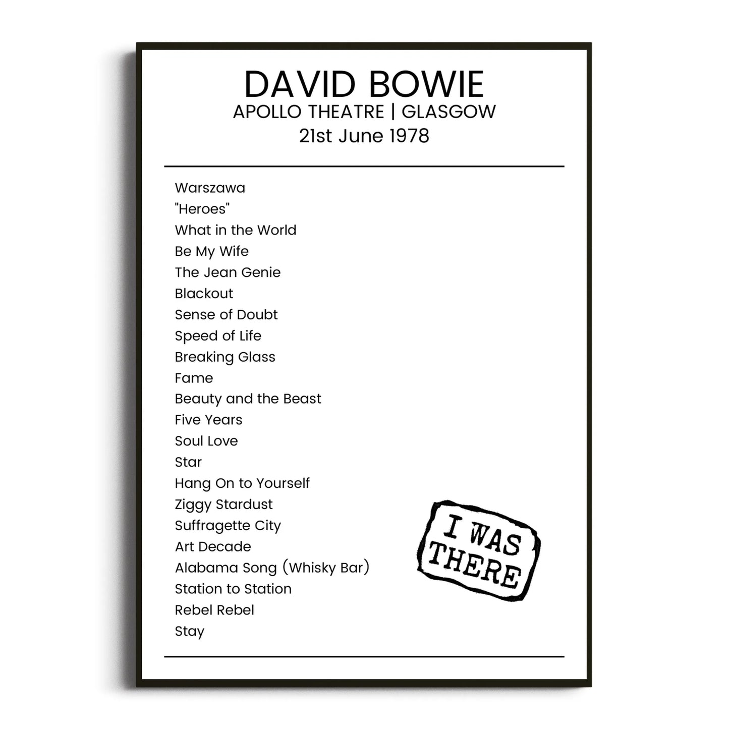 David Bowie Glasgow 21 June 1978 Setlist Poster