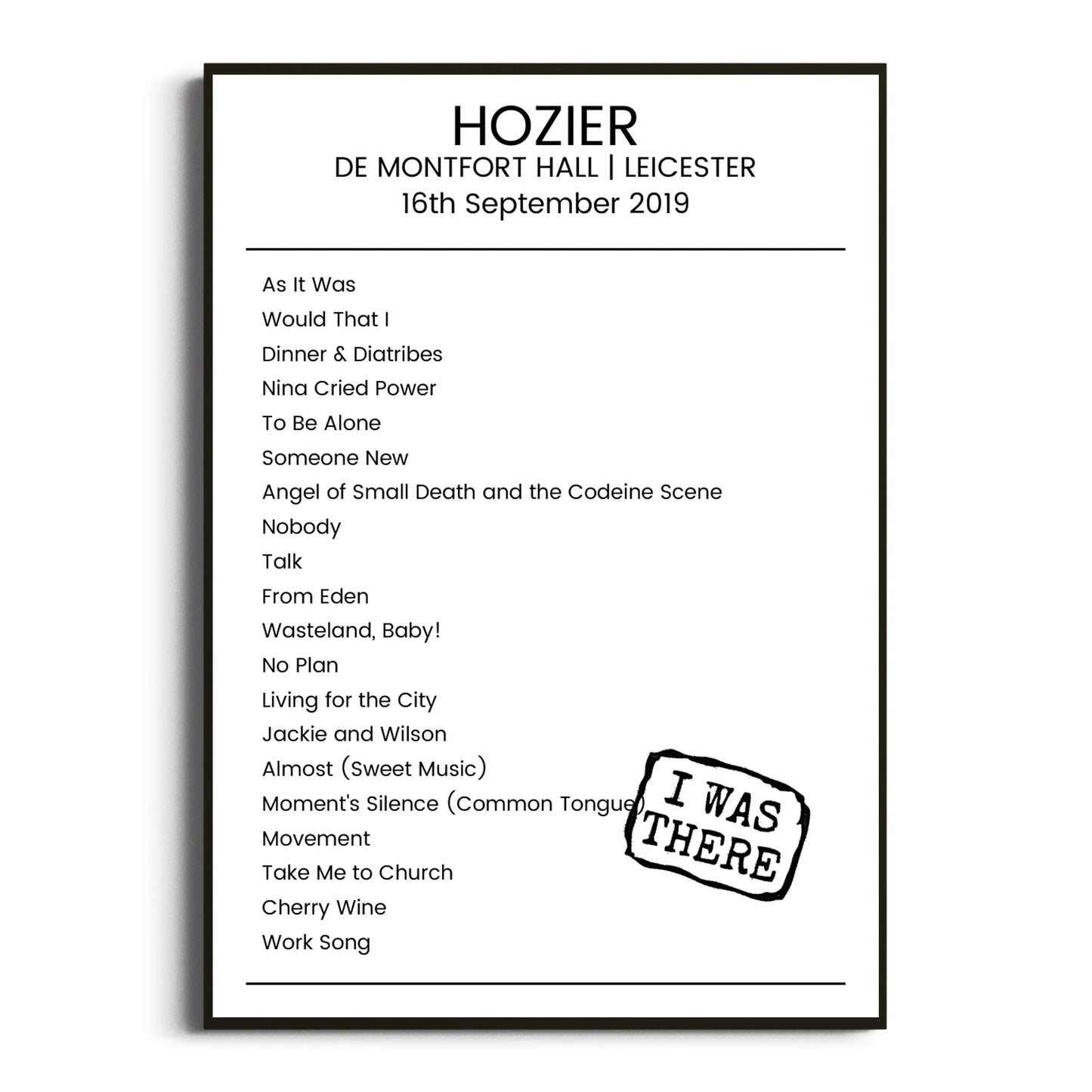 Hozier Leicester 16 September 2019 Setlist Poster