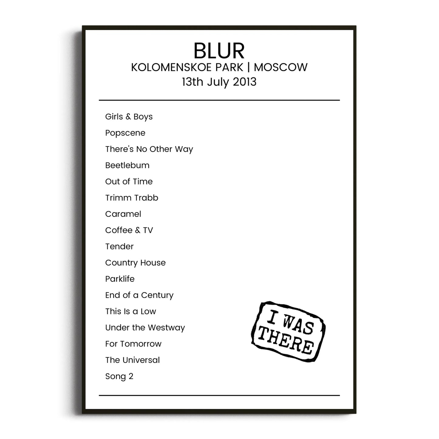 Blur Moscow 13 July 2013 Setlist Poster