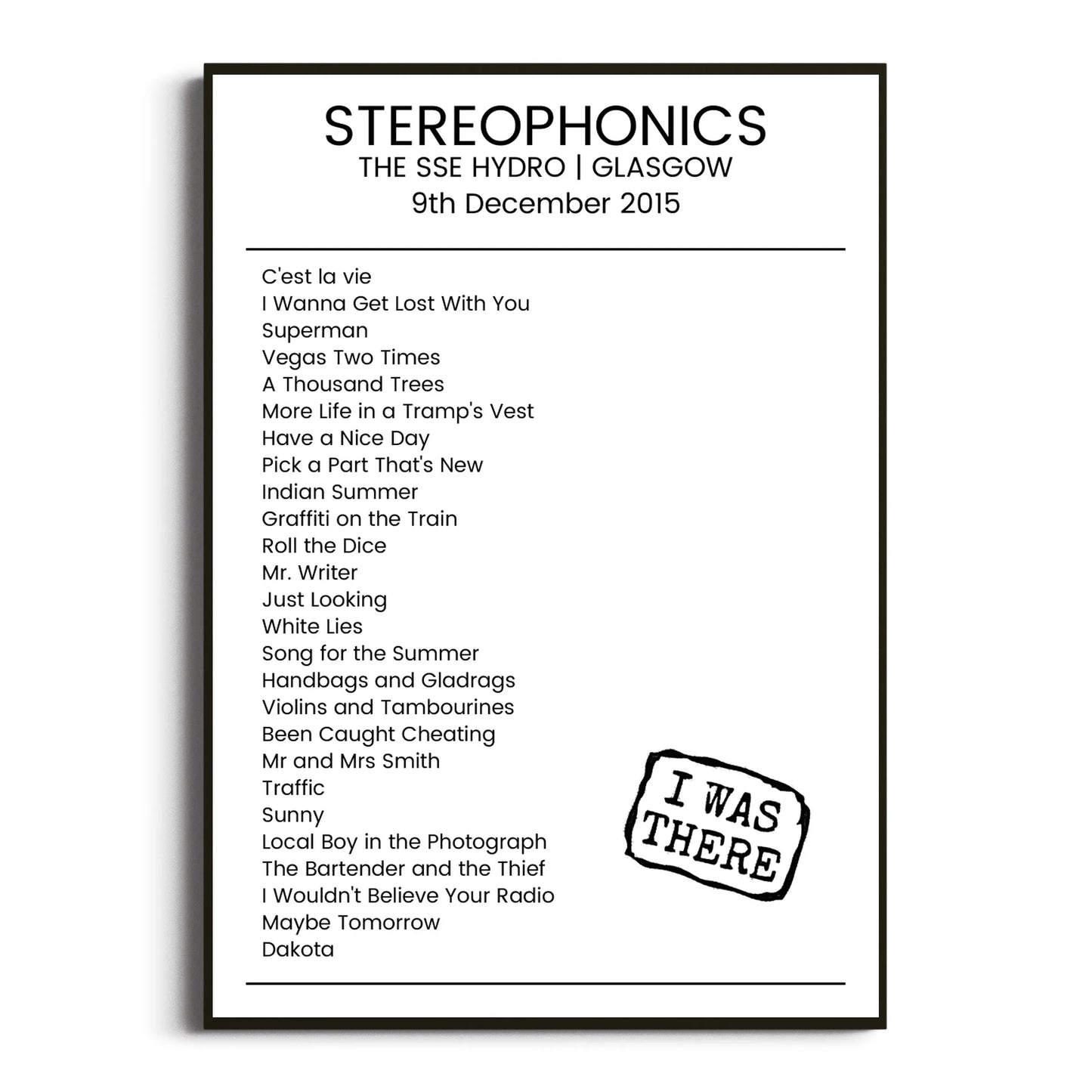 Stereophonics Glasgow 09 December 2015 Setlist Poster