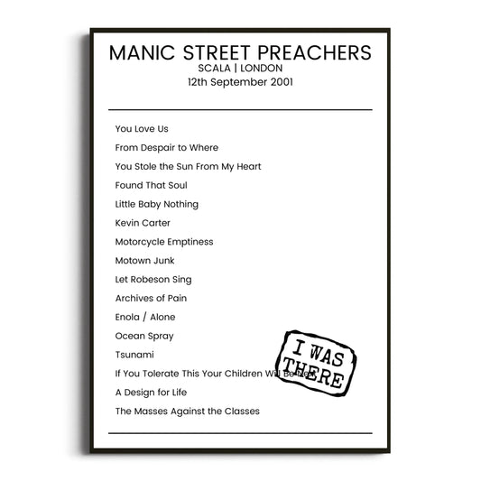 Manic Street Preachers London 12 September 2001 Setlist Poster