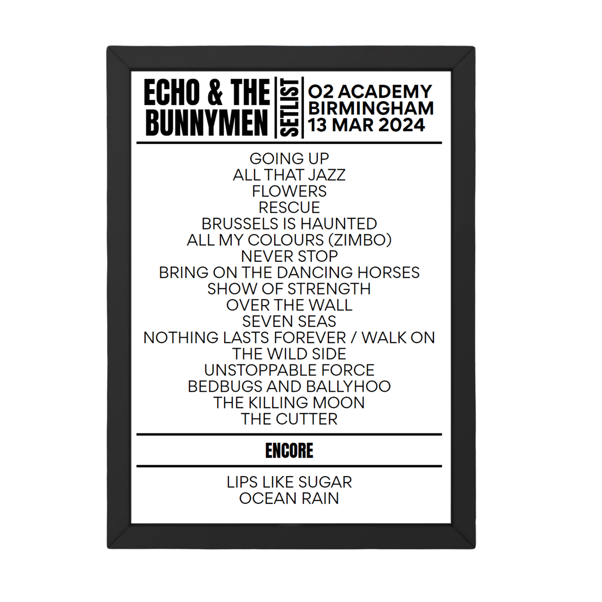 Echo & the Bunnymen Birmingham March 13, 2024 Replica Setlist - Setlist